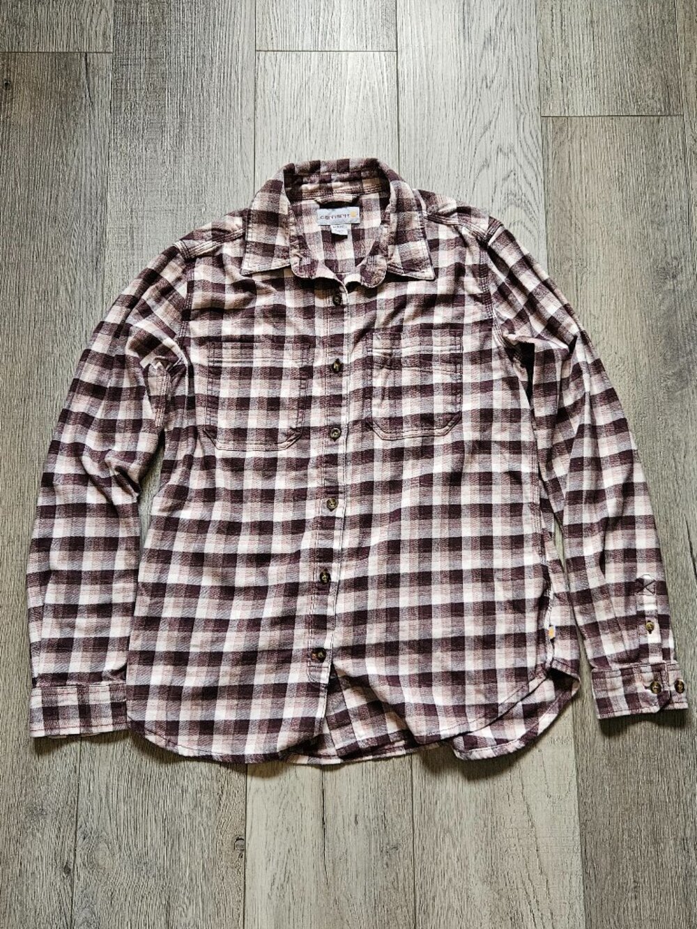 Carhartt Womens Medium Rugged Flex Plaid Flannel Shirt Brown Tan Button Up M 8 1